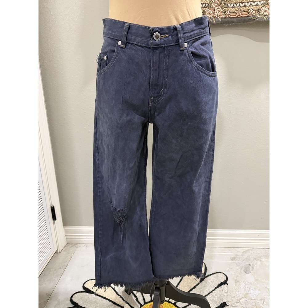 SilverTab Jeans Womens 31 Blue Wide Leg Crop Distressed Fringe Hem Dark Denim